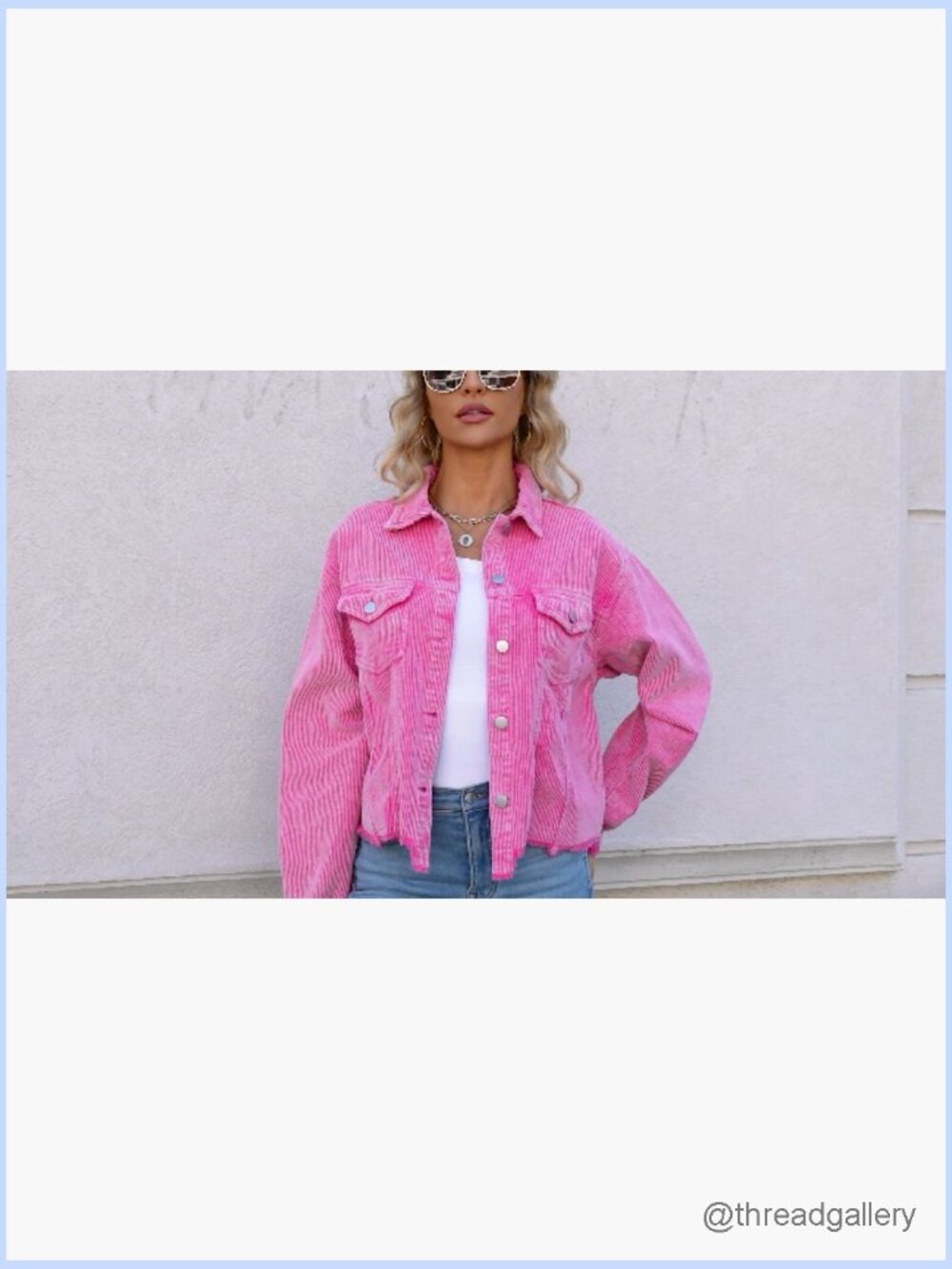 Cropped Corduroy Jacket Casual Button Down Shacket Frayed Hem - Picture 7 of 7